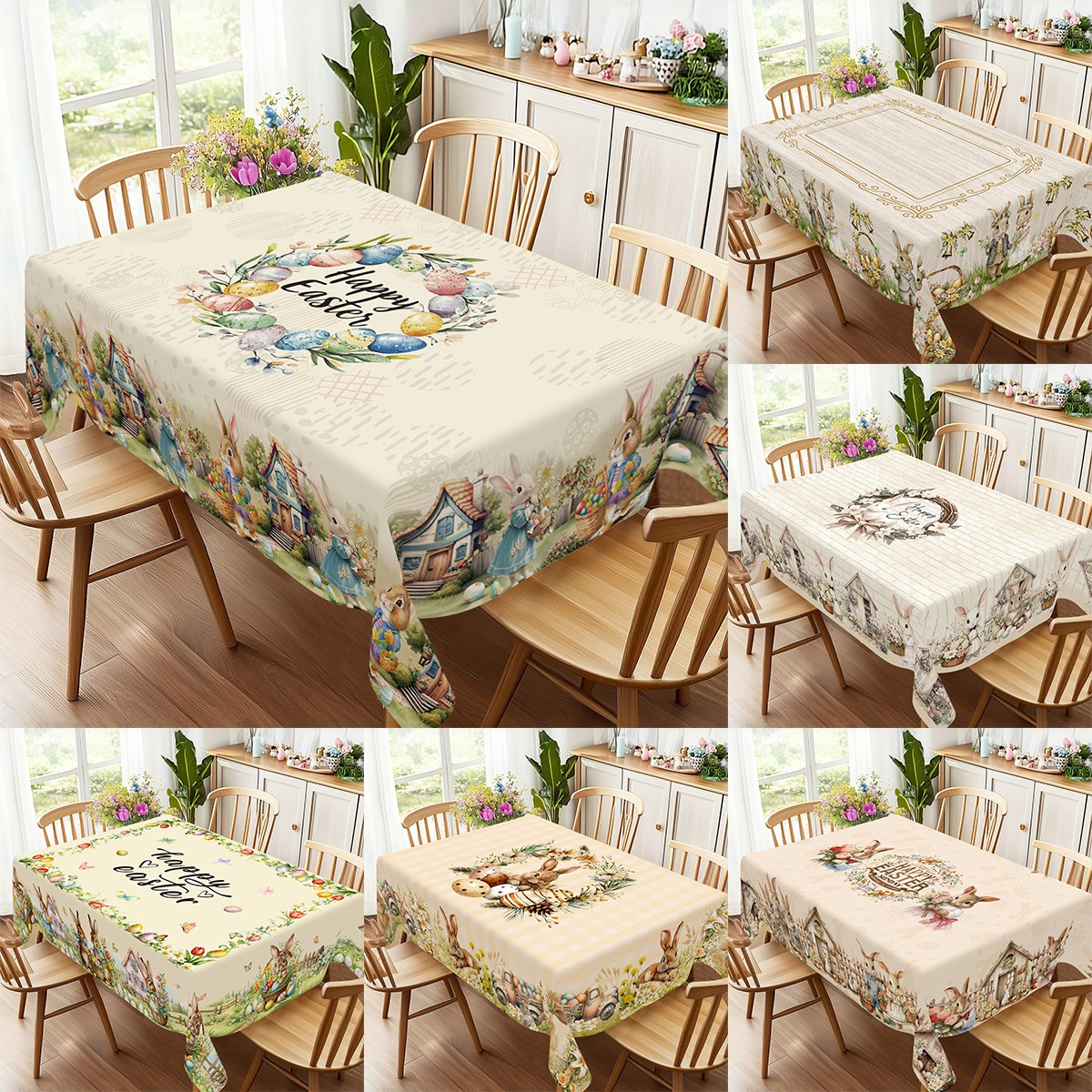 Outdoor Hunting Table - 혼합 스타일 부활절 토끼 테이블보 6인용